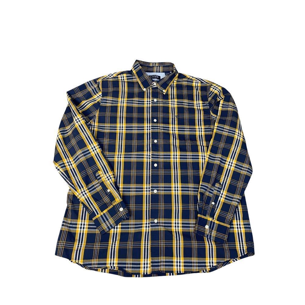 Chaps Men’s XXL Stretch Easy Care Navy/Yellow Plaid L/S Button Down Shirt